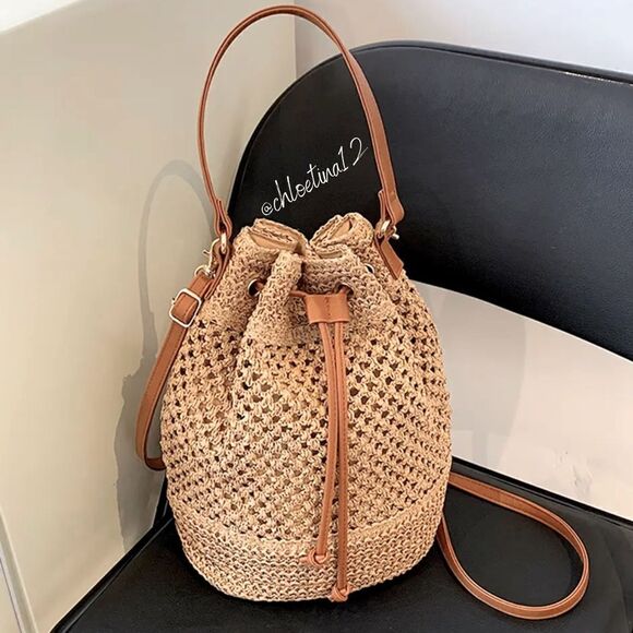 Women's Woven Straw Bucket Drawstring Tote Handbag, Light Brown or Beige - Picture 1 of 12